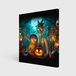 Картина квадратная Morty and Rick with pumpkin - neon halloween