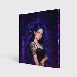 Картина квадратная Девушка с тату на руке и пурпурная змея
