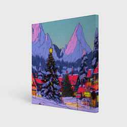 Картина квадратная Новогодние елки в горном городке