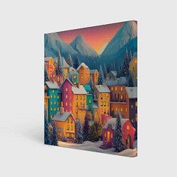 Картина квадратная Новогодний город в горах