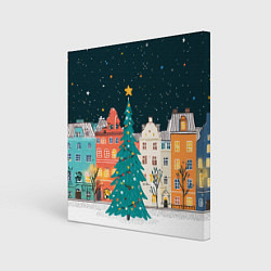 Холст квадратный Новогодняя ночь в городе, цвет: 3D-принт