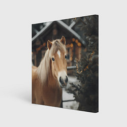 Картина квадратная Лошадь у новогодней елки