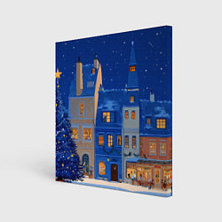 Картина квадратная Синяя новогодняя елочка во дворе