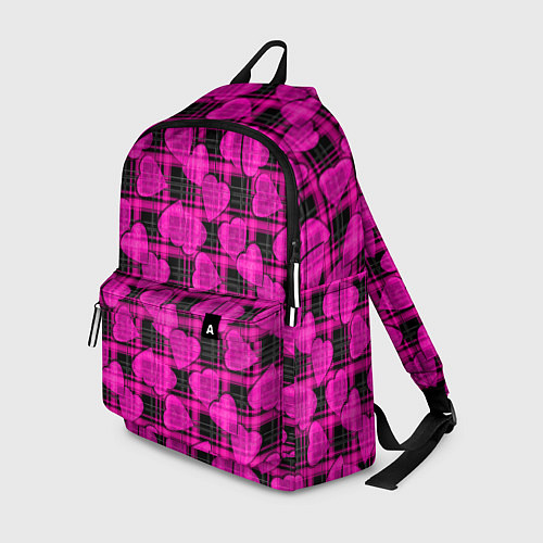 Рюкзак Black and pink hearts pattern on checkered / 3D-принт – фото 1