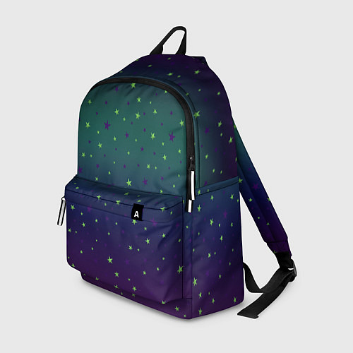 Рюкзак Неоновые зеленые и сиреневые звезды на темно зелен / 3D-принт – фото 1
