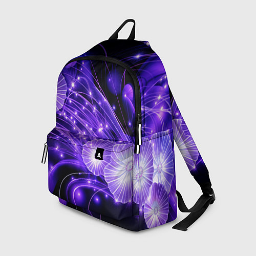 Рюкзак Силуэты цветов на темном фоне - фиолетовое свечени / 3D-принт – фото 1