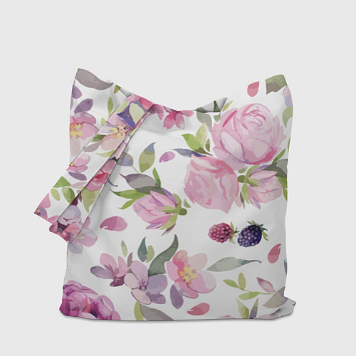 Сумка-шоппер Летний красочный паттерн из цветков розы и ягод еж / 3D-принт – фото 1