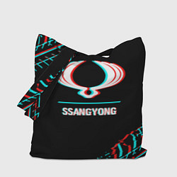 Сумка-шоппер Значок SsangYong в стиле glitch на темном фоне