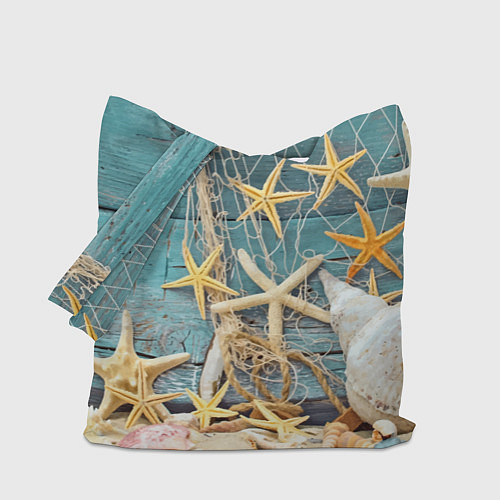 Сумка-шоппер Натюрморт из сети, морских звёзд и ракушек - лето / 3D-принт – фото 1