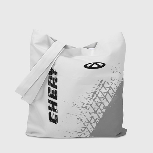 Сумка-шоппер Chery speed на светлом фоне со следами шин: надпис / 3D-принт – фото 1