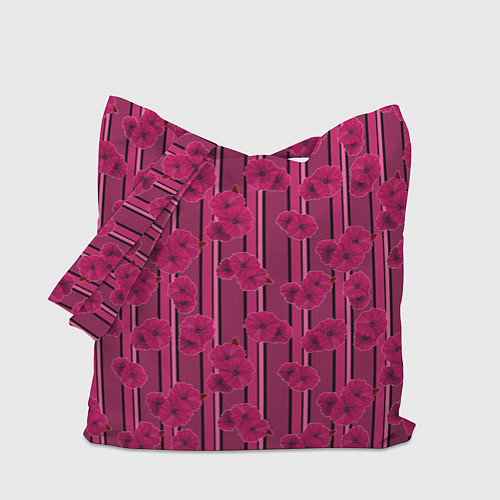 Сумка-шоппер Малиновый полосатый узор с цветами анемонов / 3D-принт – фото 1