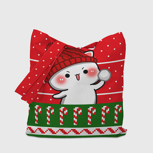 Сумка-шоппер Белый котик - игра в снежки / 3D-принт – фото 1
