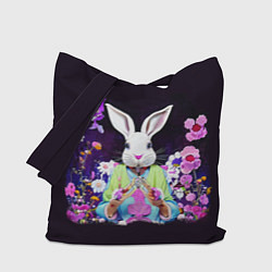 Сумка-шоппер Кролик в цветах на черном фоне