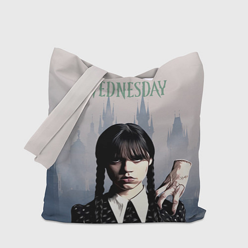 Сумка-шоппер Уэнсдей Аддамс и рука на фоне замка / 3D-принт – фото 1