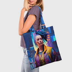 Сумка-шопер Девушка в ночном городе - киберпанк - нейросеть, цвет: 3D-принт — фото 2