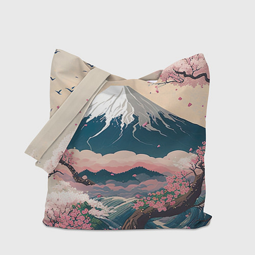 Сумка-шоппер Японский пейзаж: цветение сакуры у горы Фудзияма / 3D-принт – фото 1