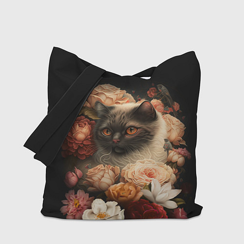 Сумка-шоппер Милый котик окружённый цветами / 3D-принт – фото 1