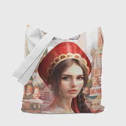 Сумка-шопер Девушка в кокошнике с косой - кремль, цвет: 3D-принт