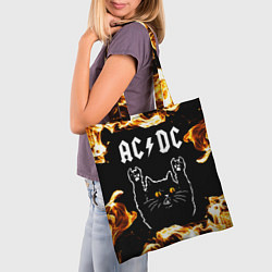 Сумка-шопер AC DC рок кот и огонь, цвет: 3D-принт — фото 2