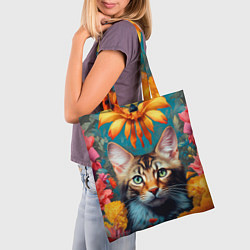Сумка-шопер Дикая кошка в цветах, цвет: 3D-принт — фото 2