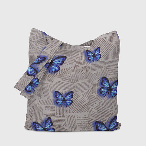 Сумка-шоппер Газетные обрывки и синие бабочки / 3D-принт – фото 1