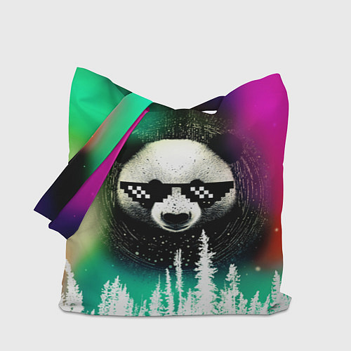 Сумка-шоппер Панда в очках на фоне северного сияния и леса / 3D-принт – фото 1