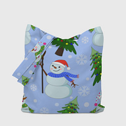 Сумка-шопер Снеговики с новогодними елками паттерн, цвет: 3D-принт