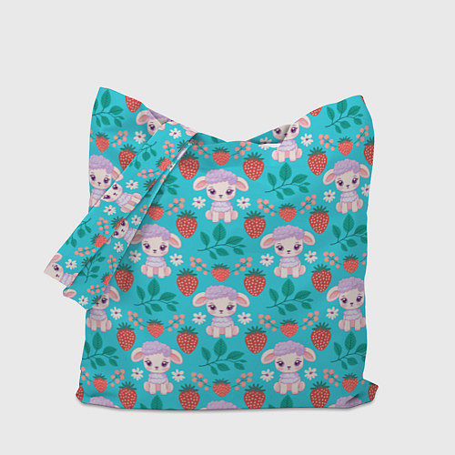 Сумка-шоппер Овечка и клубника на синем фоне / 3D-принт – фото 1