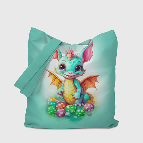 Сумка-шоппер Зеленый дракончик с новогодними игрушками / 3D-принт – фото 1