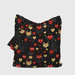 Сумка-шоппер Паттерн с сердечками и котами валентинка