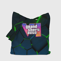 Сумка-шопер GTA 6 лого на фоне разлома зеленых плит, цвет: 3D-принт