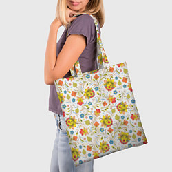 Сумка-шопер Хохломская роспись разноцветные цветы на белом фон, цвет: 3D-принт — фото 2