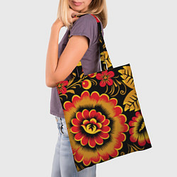 Сумка-шопер Хохломская роспись красно-жёлтые цветы на чёрном ф, цвет: 3D-принт — фото 2