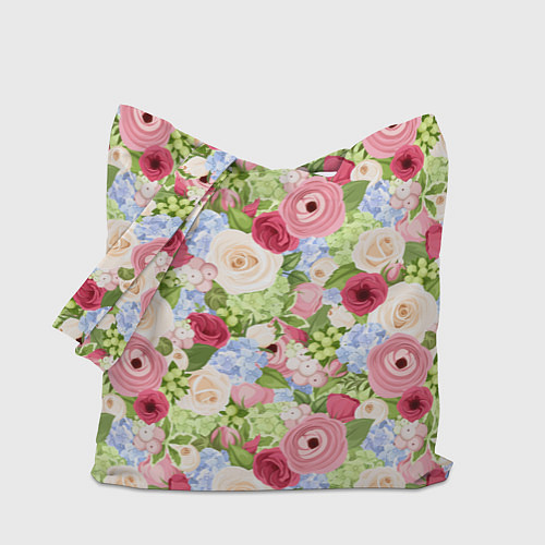 Сумка-шоппер Фон с розами, лютиками и гортензиями / 3D-принт – фото 1