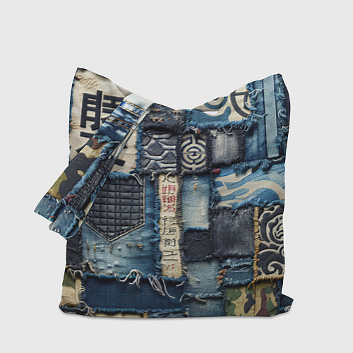 Сумка-шоппер Иероглифы на пэчворк дениме / 3D-принт – фото 1