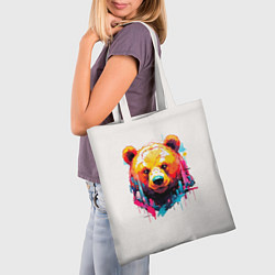 Сумка-шопер Мишка в городе: голова медведя на фоне красочного, цвет: 3D-принт — фото 2