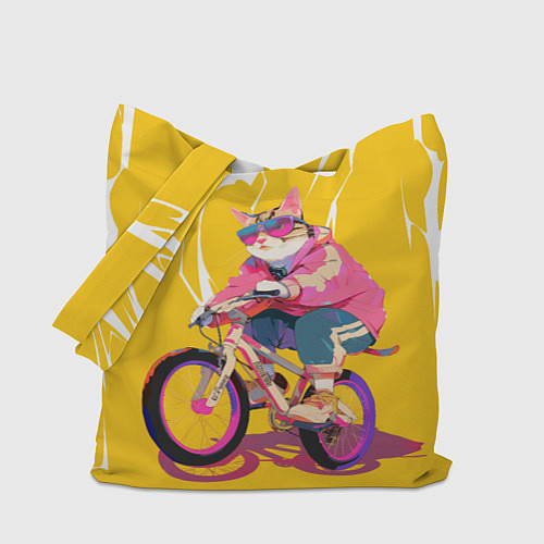 Сумка-шоппер Кот на велосипеде жёлтый фон / 3D-принт – фото 1