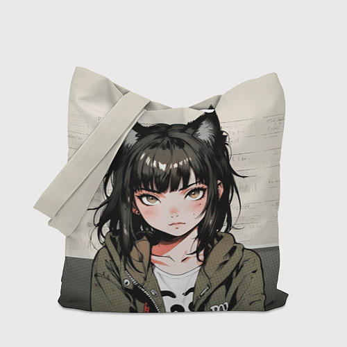 Сумка-шоппер Девушка-кошка в болотной толстовке / 3D-принт – фото 1