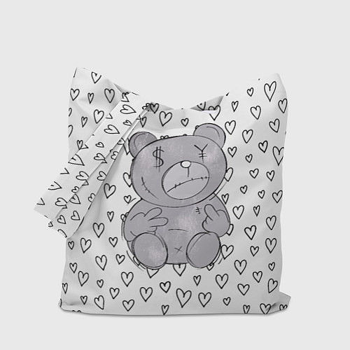 Сумка-шоппер Злой медвежонок черные сердца / 3D-принт – фото 1