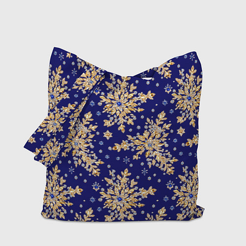 Сумка-шоппер Золотые снежинки на синем шелке / 3D-принт – фото 1
