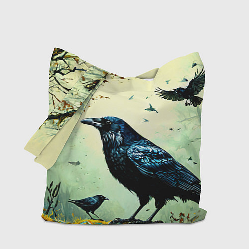 Сумка-шоппер Черный ворон в осеннем лесу / 3D-принт – фото 1