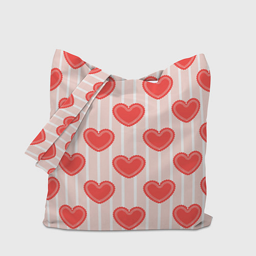 Сумка-шоппер Полосатый паттерн с красными ажурными сердечками / 3D-принт – фото 1