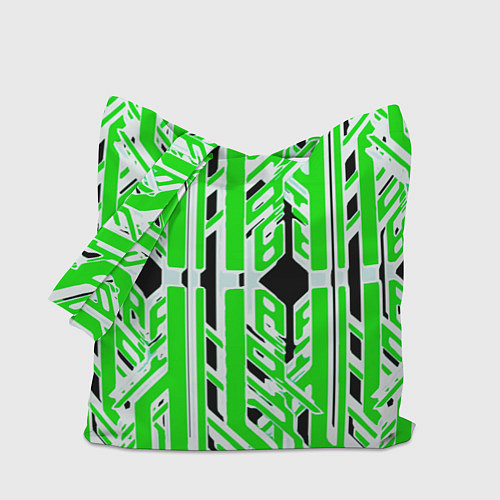 Сумка-шоппер Бело-зелёные техно полосы на чёрном фоне / 3D-принт – фото 1