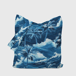 Сумка-шоппер Пальмы и волны - голубые оттенки паттерн