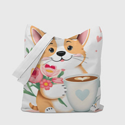 Сумка-шопер Поздравляющий корги с цветами, цвет: 3D-принт