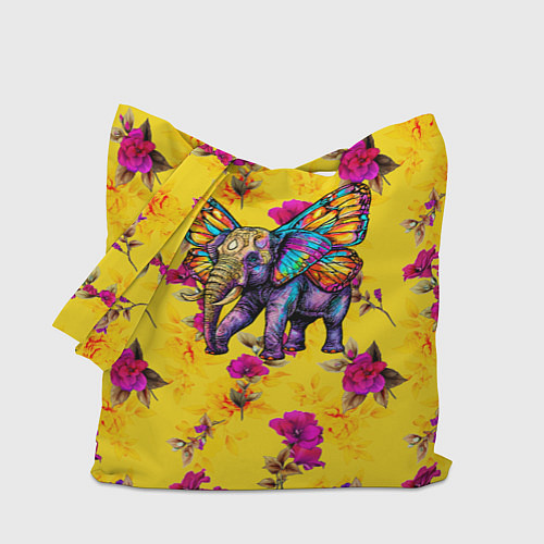 Сумка-шоппер Слон с крыльями бабочки на цветочном фоне / 3D-принт – фото 1