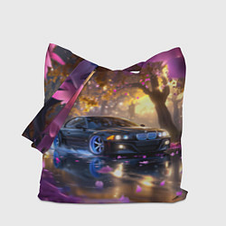 Сумка-шопер БМВ и фиолетовые цветы, цвет: 3D-принт