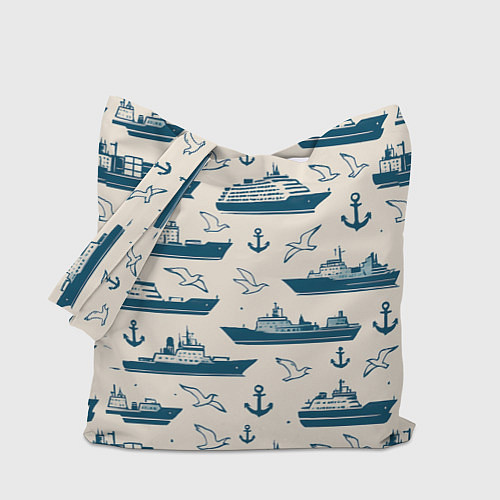 Сумка-шоппер Морской паттерн из чаек, якорей и кораблей / 3D-принт – фото 1