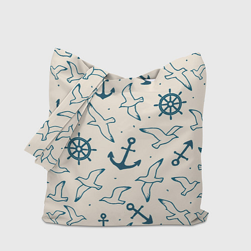 Сумка-шоппер Морской паттерн из штурвалов, чаек и якорей / 3D-принт – фото 1