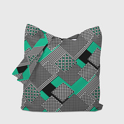 Сумка-шопер Черно бирюзовая абстрактная геометрия пэчворк, цвет: 3D-принт